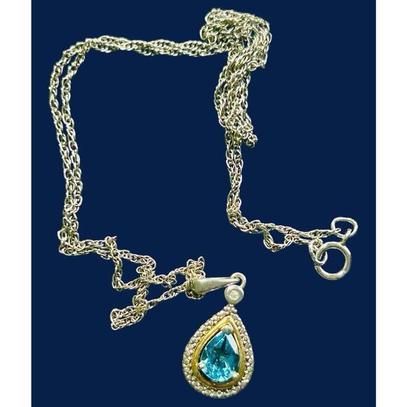 Sterling Silver Pendant Blue Stone 14k Gold Accent 16 Inch Chain Dainty Petite - Picture 10 of 11